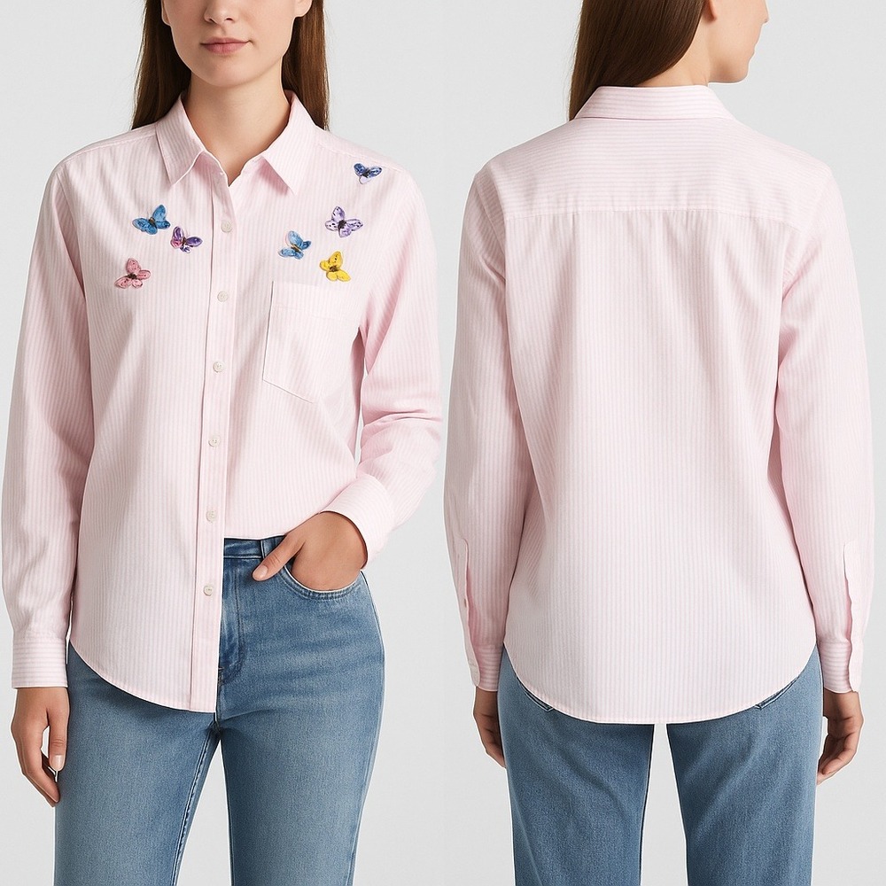 Las Olas Pink Striped Button Down Shirt M Embroidered Butterfly Blouse Kawaii‎